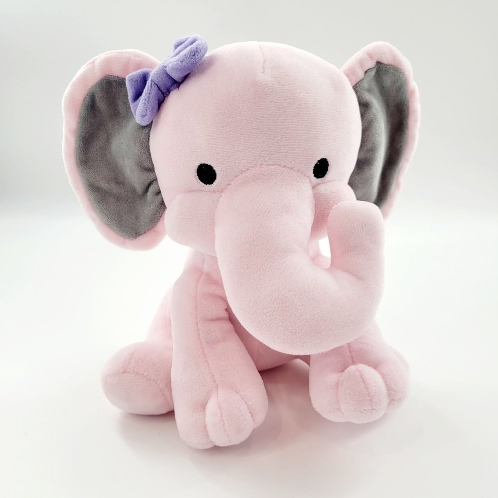 Kinrex Pink Elephant Stuffed Animal Plush with Purple Bow Baby Shower Pastel 9"